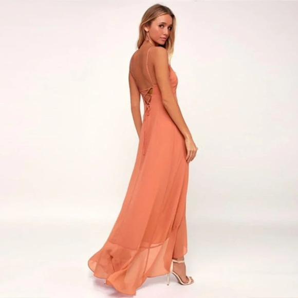LULU’S Ada Lace Up Back Bohemian Maxi Slip Dress in Rusty Rose Size Medium - Picture 3 of 16